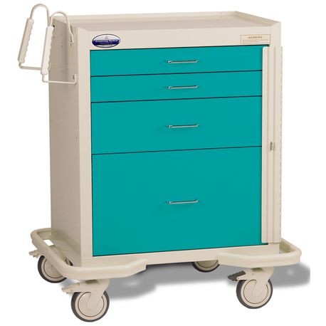 A beige and blue standard steel two-tone emergency crash cart with multiple drawers and caster wheels for mobility.