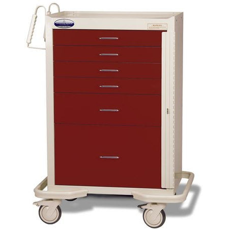 A beige and blue standard steel two-tone emergency crash cart with multiple drawers and caster wheels for mobility.