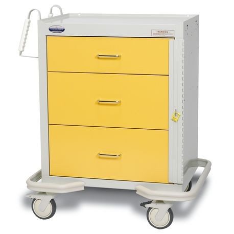 A beige and blue standard steel two-tone emergency crash cart with multiple drawers and caster wheels for mobility.