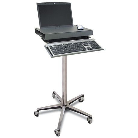 A silver security laptop stand with a dual-locking work surface, heavy aluminum base, and rubber casters.