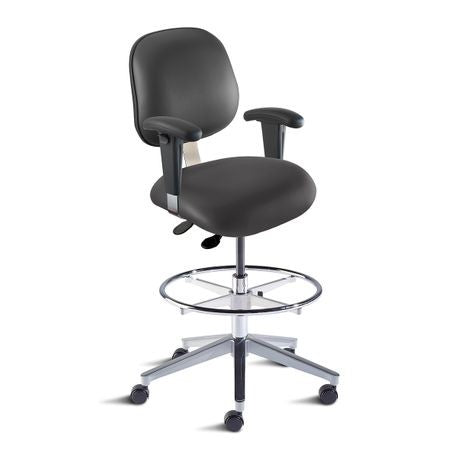 An black medical anesthesia chair with a five-point wheeled base, adjustable height, and armrests.