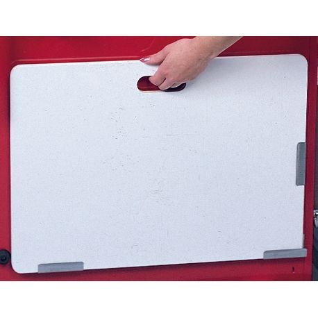 A heavy-duty plastic carding board with brackets, designed to mount to a cart back, shown in white color.