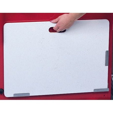 A heavy-duty plastic carding board with brackets, designed to mount to a cart back, shown in white color.