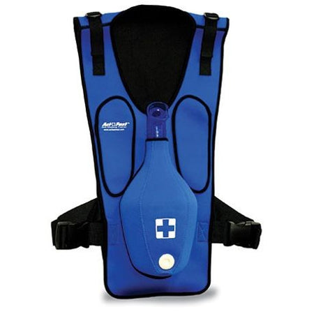 A blue anti-choking training vest with a transparent airway and snap buckles, designed for CPR training scenarios.