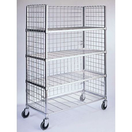 A 3-sided mobile cart with a metal frame, mesh back and side enclosures, and four wheels.
