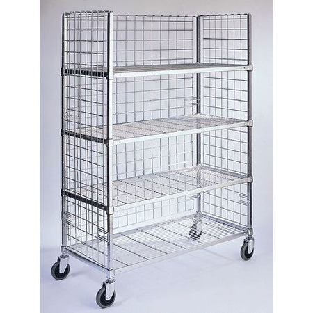 A 3-sided mobile cart with a metal frame, mesh back and side enclosures, and four wheels.