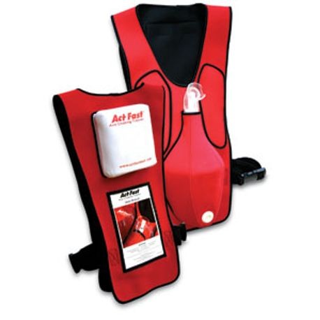 A red anti-choking training vest with a transparent airway and snap buckles, designed for CPR training scenarios.