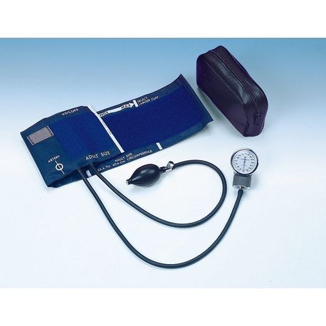 A blue nylon sphygmomanometer cuff with printed index, range markings, and an artery label, connected to a 300 mmHg manometer with a black rubber bulb and a carrying case.