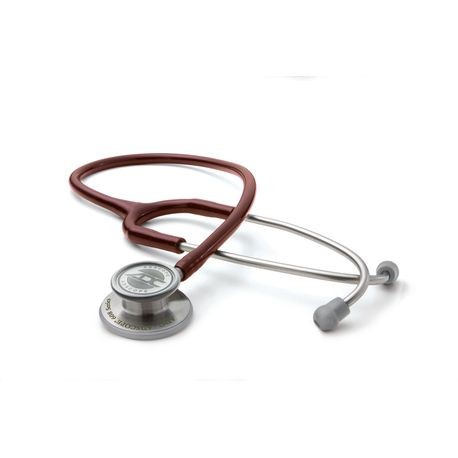 A Adscope convertible stethoscope with a red tubing, silver chestpiece, and earpieces.