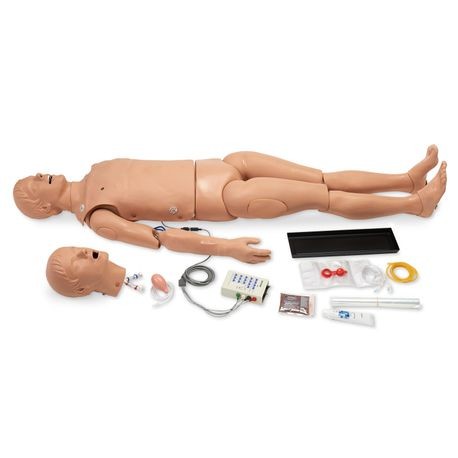 An adult advanced life support training mannequin with detachable arms, accompanied by various medical training accessories like airways, an ECG simulator, and a soft carry bag.