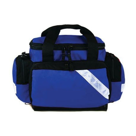 A blue medical trauma pack with multiple zippered compartments and black straps.