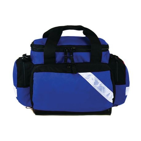 A blue medical trauma pack with multiple zippered compartments and black straps.
