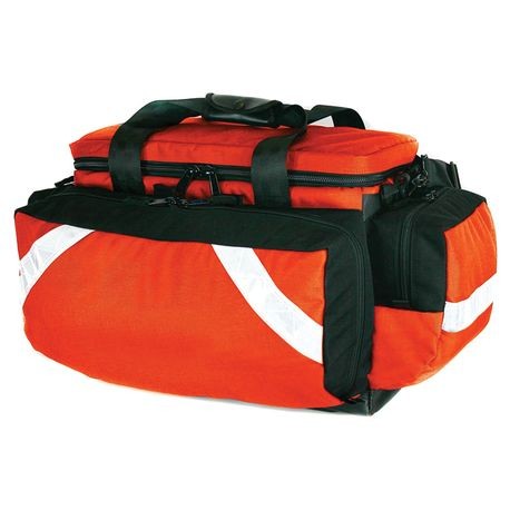 An orange trauma bag with black straps and multiple compartments, including a large mesh pocket in the lid and four full-size exterior pockets.