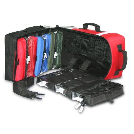 A red medical backpack with multiple compartments containing AED, Trauma, and Oxygen supplies.