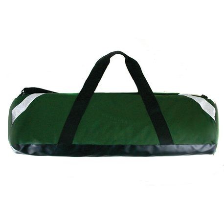 A green soft oxygen bag with black straps and a zippered closure, designed to hold medical oxygen tanks.