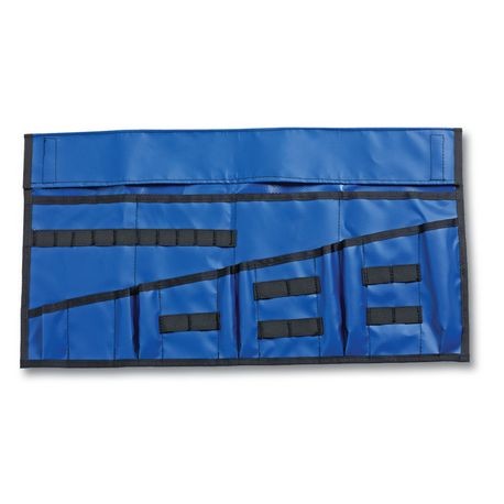 A blue vinyl case with multiple compartments, designed to hold medical equipment such as endo tubes and a laryngoscope handle.