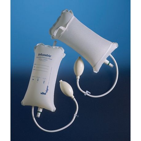 Two disposable pressure infusers with white bags and attached pumps, intended for single-patient use to prevent cross contamination.