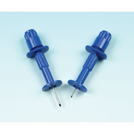 Two blue aspiration needles with adjustable length, top flange for grip, needle points facing downward.