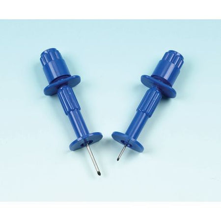 Two blue aspiration needles with adjustable length, top flange for grip, needle points facing downward.