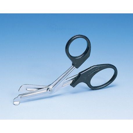 A pair of economy emergency scissors with black handles and metal blades.