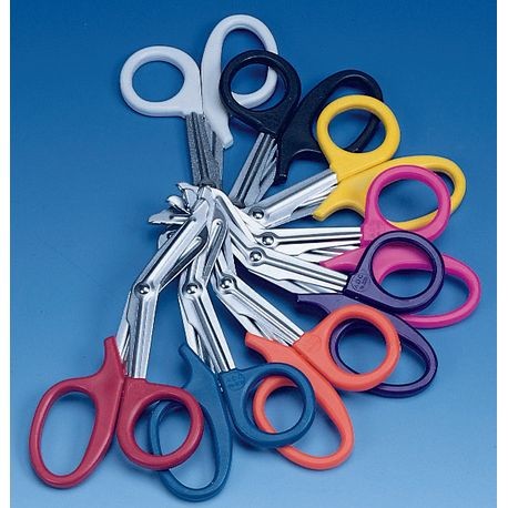 A collection of economy emergency scissors with different colored handles and silver blades, including one with a serrated edge.