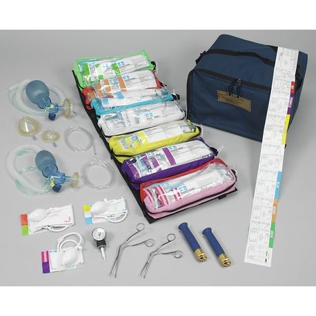 Assorted medical equipment and pouches arranged on a table, including Broselow Pediatric Emergency Tape and various procedural modules in seven pouches, with a heavy-duty ALS equipment organizer and additional equipment visible.