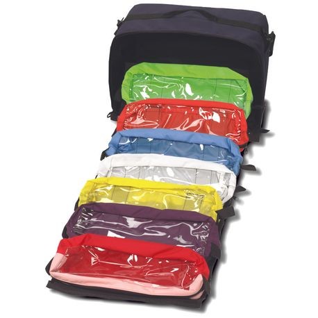 A set of brightly colored medical equipment organizers, with a black one at the bottom and several others in different colors above it, presumably for storing items such as airways, needles, and other medical tools.