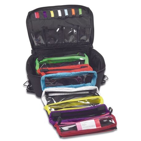 A set of brightly colored medical equipment organizers, with a black one at the bottom and several others in different colors above it, presumably for storing items such as airways, needles, and other medical tools.