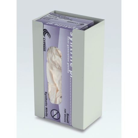 A white glove dispenser with blue disposable gloves partially pulled out from it.