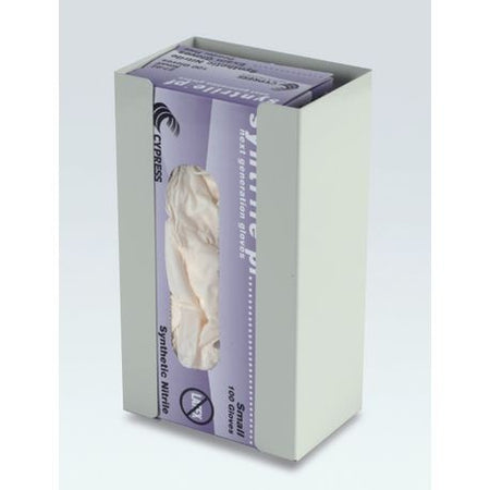 A white glove dispenser with blue disposable gloves partially pulled out from it.