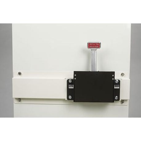 A black and white panel mounted on a cart, with a red stop sign-like symbol on it.