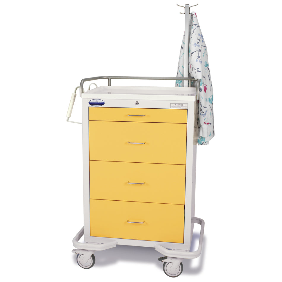 Medical cart with yellow drawers and a floral garment on a white background