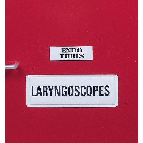 Two white labels attached to a red surface, one labeled 'ENDO TUBES' and the other 'LARYNGOSCOPEs'.