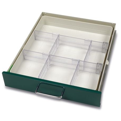 A green modular drawer tray with two rails and four adjustable dividers, designed to fit within a mini or narrow cart.