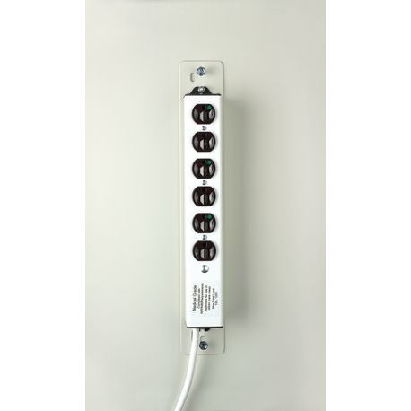 A white bracket designed to mount outlet strips on a STANDARD cart, with multiple black outlets.