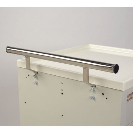 A silver metal push handle attached to a white medical cart with mounting tracks.