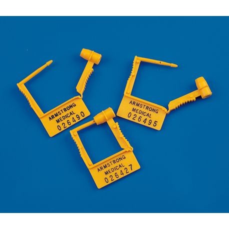 Three yellow plastic seal clips with the brand name ARMSTRONG and a series of numbers written on them, arranged against a blue background.