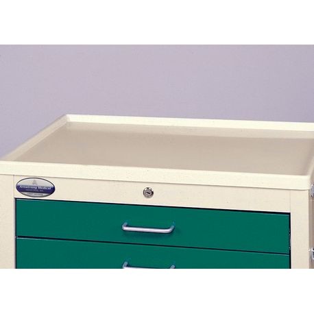 A beige and green medical cart with a seamless ABS plastic top.