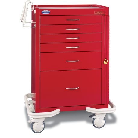 A red standard steel solid color emergency crash cart with multiple drawers, push handles, and set on a white stabilizing frame with bumper and casters.