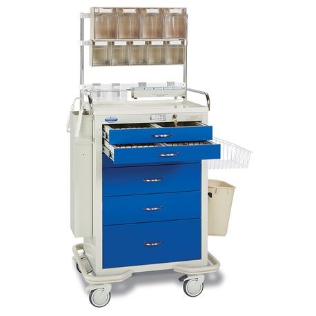 An anesthesia cart with multiple blue drawers and white upper section, equipped with a label holder, utility hooks, and a plastic top.