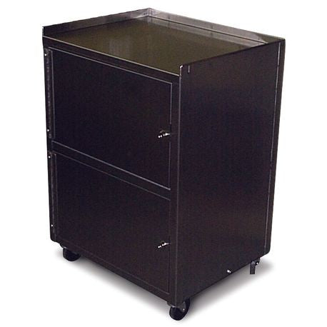 A stainless steel utility cart with dual locking cabinets on swivel casters.