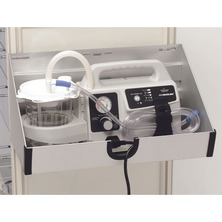 A suction unit holder mounted on a medical cart, featuring a white suction device with tubing and a control panel.