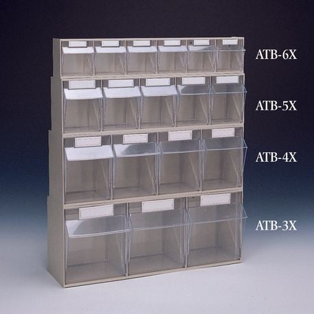 A set of clear, modular tilt bins in various sizes with labels indicating different bin sizes, arranged on a trellis rail system for storage.
