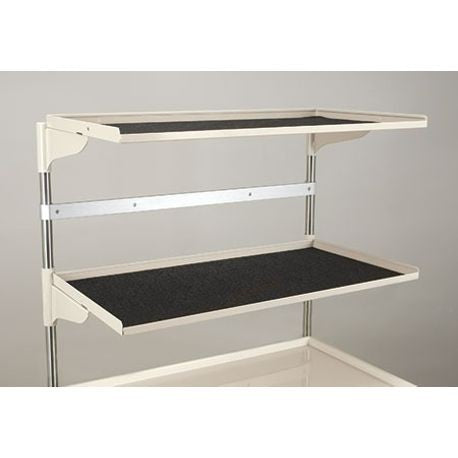 A two-shelf metal unit with a narrow profile, featuring a black shelf and a white support structure, designed to be attached to a cart.
