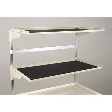 A two-shelf metal unit with a narrow profile, featuring a black shelf and a white support structure, designed to be attached to a cart.