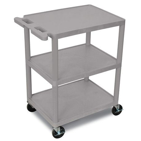 A gray poly cart with three shelves and four swivel casters for mobility.