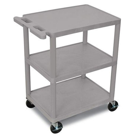 A gray poly cart with three shelves and four swivel casters for mobility.