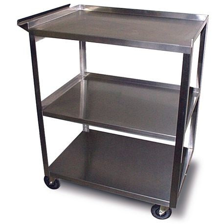 A stainless steel utility cart with three shelves, a handle with easy-grip edging, and smooth-rolling casters.
