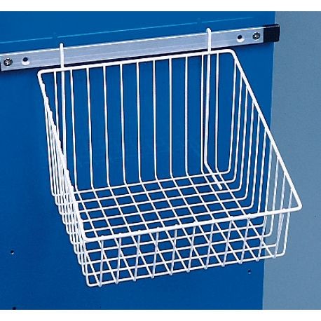 A white, plastic-coated wire basket with a sloping top, attached to the back of a blue medical cart.