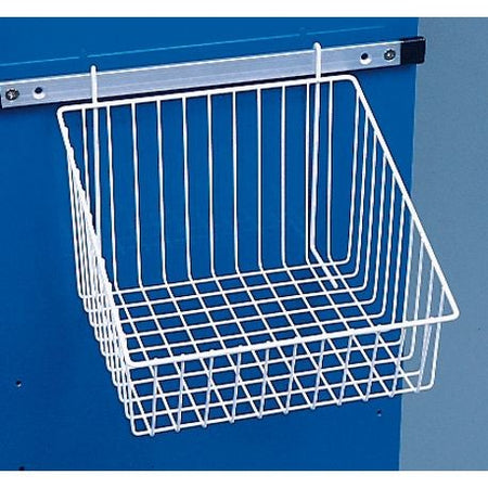 A white, plastic-coated wire basket with a sloping top, attached to the back of a blue medical cart.
